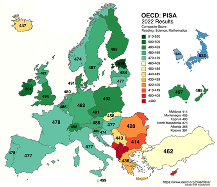 Illustration of European PISA 2023 results by country