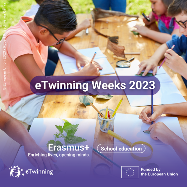 Kids painting and drawing together. Text reads: eTwinning weeks 2023.