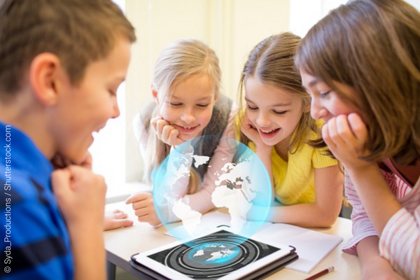 Children with earth hologram