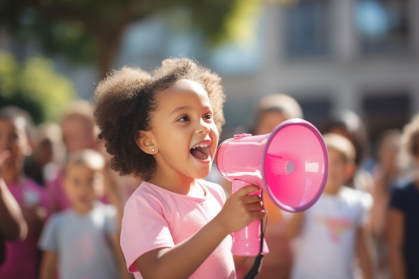 Girl with pink megaphone at a rally
