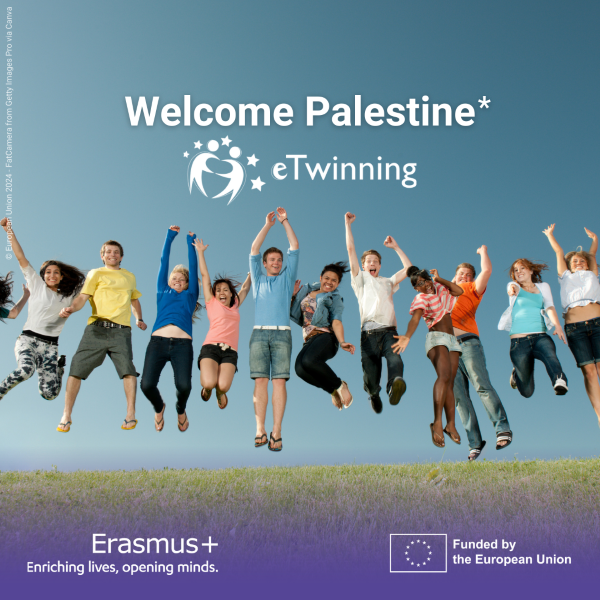 group of young people jumping. Text reads: welcome palestine* etwinning