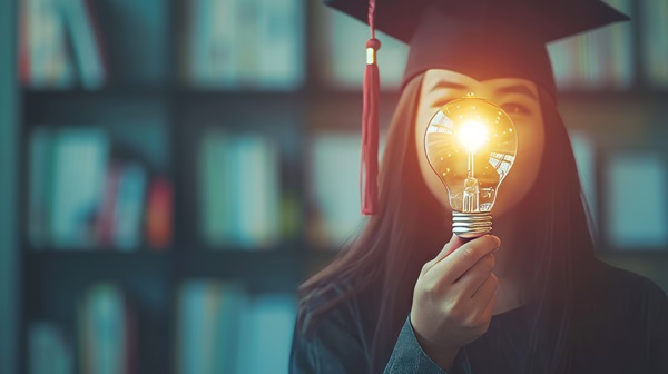 Woman in graduation gown and hat holding lit lightbulb