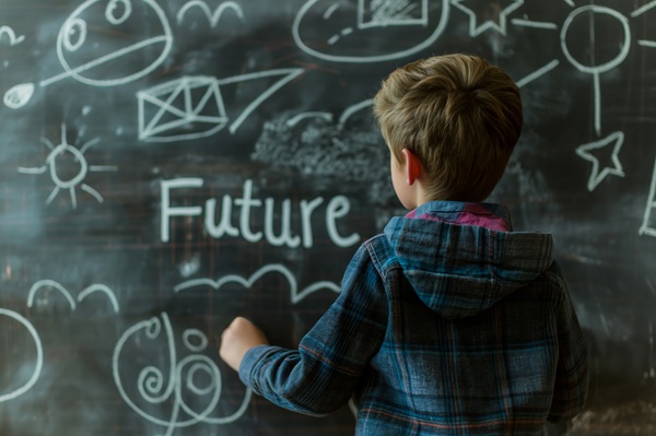 Back view of a child writing on a chalkboard