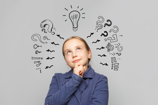 girl thinking surrounded by questions marks and lightbulb