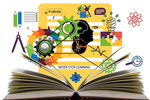 Illustration of an open book and gears and thoughts
