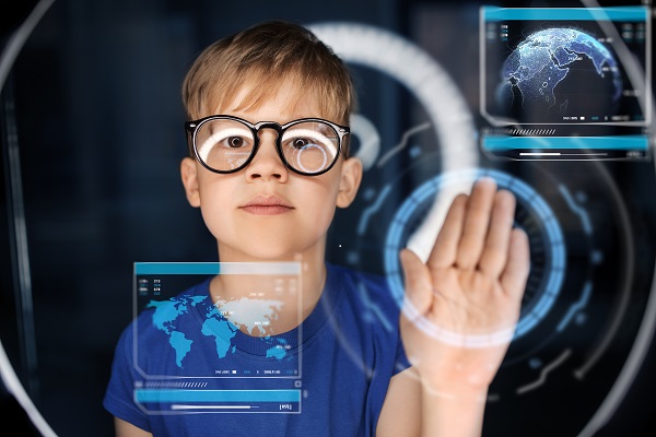 boy touching virtual screen