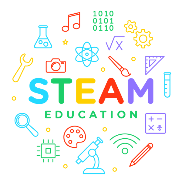 STEAM education text surrounded by numbers, music notes, pencils and different tools