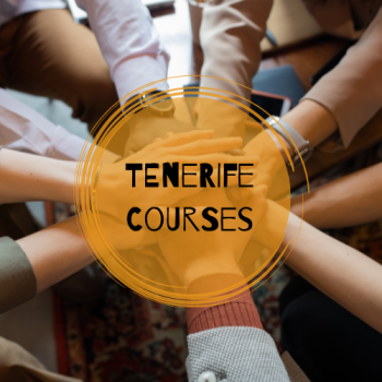 people puting hands together while standing in a circle and tenerife courses logo