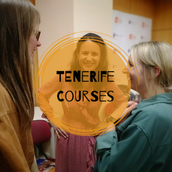 3 female teachers having an enthusiastic conversation and tenerife courses logo