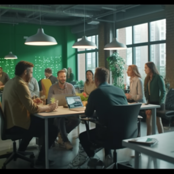 “a lot of adult learners are chatting in several separate groups, having a good time together in a modern green office, laughing, photographic, ultra-detailed, realistic, cinematic, 8k, --no hat --v 5.0 --ar 16:9 --s 750”