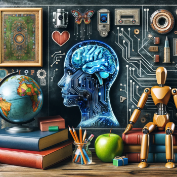 A collage that combines traditional education elements like books, a globe, or a chalkboard with futuristic AI symbols.