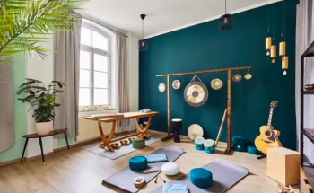 house  with relax environment , instruments , yoga  accessories .