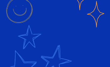 The image is blue with light blue stars and orange smiey faces and squiggles