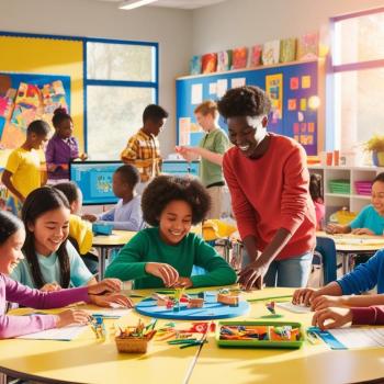 Diverse students learn actively in a bright, colorful classroom decorated with student artwork. Some use computers while others collaborate enthusiastically on a hands-on project around a round yellow table.