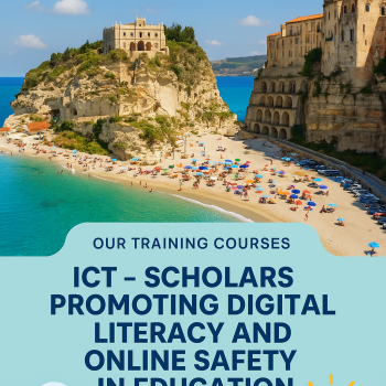 A colorful promotional poster for a training course in Tropea, Italy, organized by EFA. The poster features scenic images of Tropea’s coastline and beach, vibrant icons related to digital education, and course details for “ICT – Scholars Promoting Digital Literacy and Online Safety in Education” happening from July 10 to July 16.