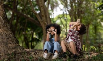 Two children sitting in forest and using toilet paper rolls as binoculars
