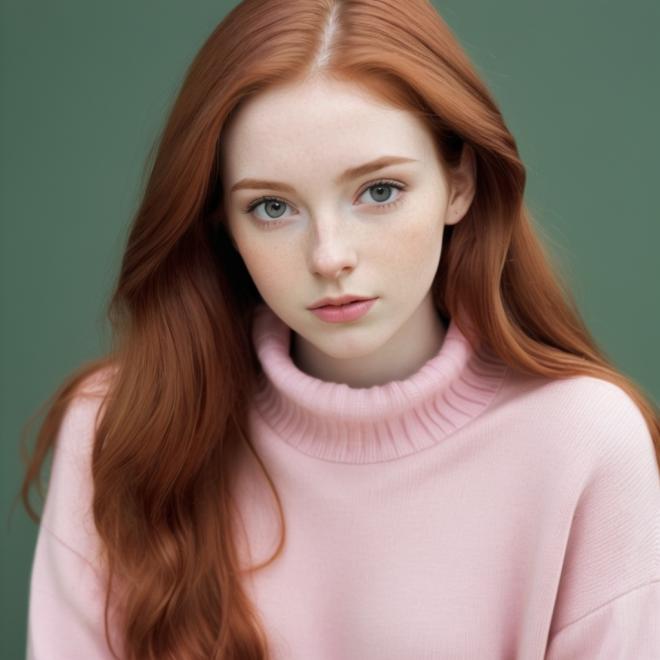 A young woman with long red hair and a pale complexion dressed in a pink sweater