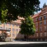 School playground and historical building of the Staatliche Realschule Kempten in Bavaria, Germany. 