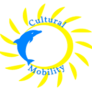 the logo of the company , a sun and a dolphin with the writting cultural mobility in blue 