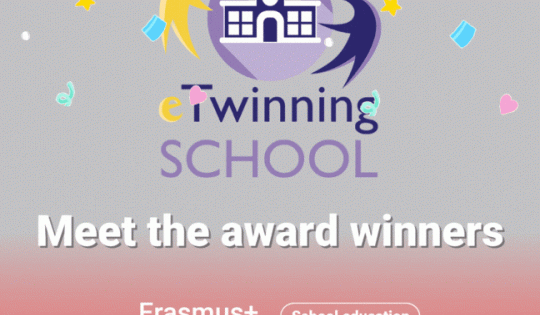 eTwinning Schools symbol with celebratory confetti and title reads 'Meet the award winners'