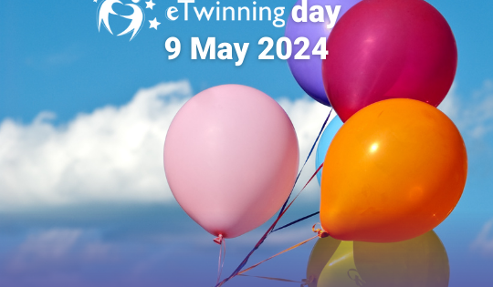 balloons flying over a blue sky. eTwinning day 9 May 2024.
