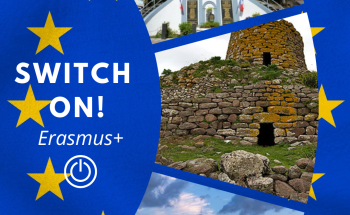 "Erasmus+ promotional graphic titled 'SWITCH ON!' featuring three photos of cultural landmarks from different European regions, surrounded by yellow EU stars on a blue background."