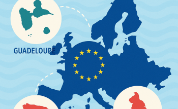 Affiche illustrant le projet eTwinning Mi isla, mi Europa : carte stylisée de l’Europe avec la Guadeloupe, l’Espagne et l’Angleterre reliées par des lignes pointillées, sur fond bleu avec le drapeau européen au centre.