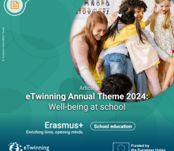 Children hugging their teacher. Text reads: eTwinning annual theme 2024: well-being at school.