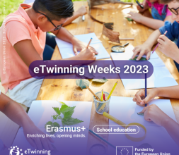 Kids painting and drawing together. Text reads: eTwinning weeks 2023.
