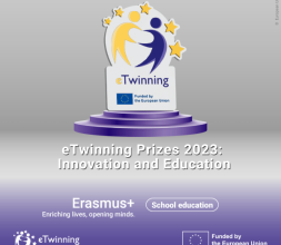 visual showing a trophy and the title eTwinning Prizes 2023: Innovation and Education