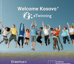 group of young people jumping. Text reads: welcome Kosovo* etwinning