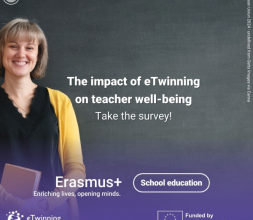 Teacher smiling. Text reads: The impact of eTwinning on teacher well-being-take the survey