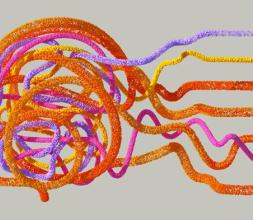 Illustration of a human head made from threads that weave and flow out of frame