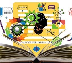 Illustration of an open book and gears and thoughts