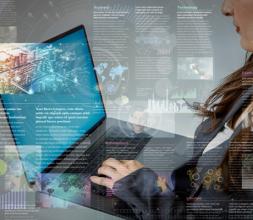 Illustration of student on laptop surrounded by news images 