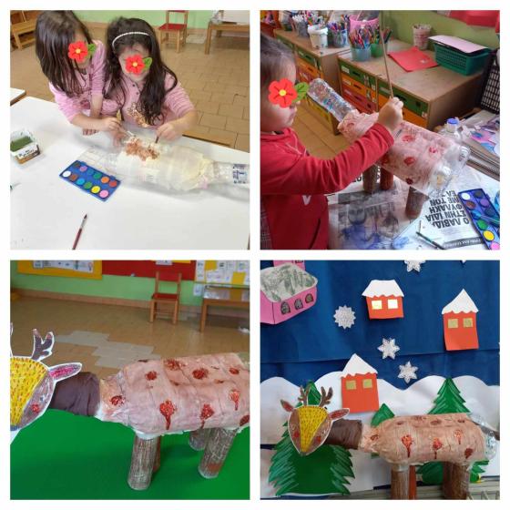 We make the red deer with recyclable materials, plastic water bottles (T the body of the deer) and paper rolls from kitchen paper (feet)