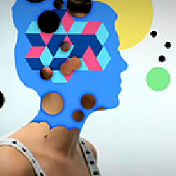 A woman head blue with cubicles