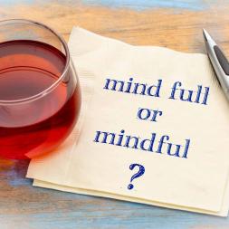 a glass of tea on a napkin that says: "mind full or mindful?"