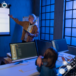 Teacher in class, pointing at an interactive board