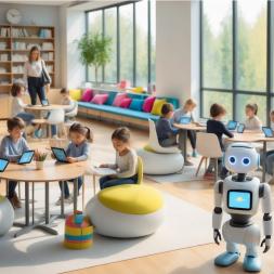 A modern, informal classroom with children using technological learning aids accompanied by a friendly robot.