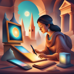 Illustration of a woman using a stylus on a glowing digital tablet, surrounded by technology like screens and a glowing cube, against a backdrop of stylized ancient/fantasy architecture under a moonlit sky.