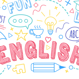A colorful doodle–style banner featuring the word “ENGLISH” in bold red letters, surrounded by hand-drawn icons and words related to language learning—pencil, notebook, speech bubbles (“Hello!”, “ABC”), grammar prompts (“do/does,” “must,” “have,” “fun”), a lightbulb, coffee cup, umbrella, puzzle piece, graduation cap, and books—in blue, yellow, and teal outlines.