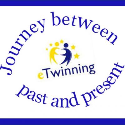 The eTwinning logo has the project title written around it: Journey between past and present.