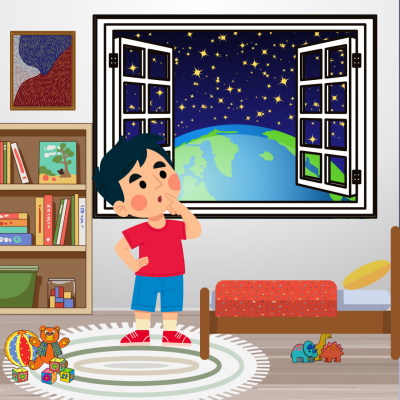 Çocuk odasında bir çocuk penceresinden dünya ve uzaya bakıyor