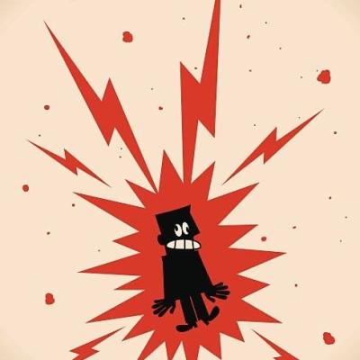 A cartoon-style illustration of a character experiencing a sudden jolt, symbolizing “culture shock” with bold red lightning bolts and an explosive burst to represent surprise, confusion, or overwhelm in a new cultural setting.