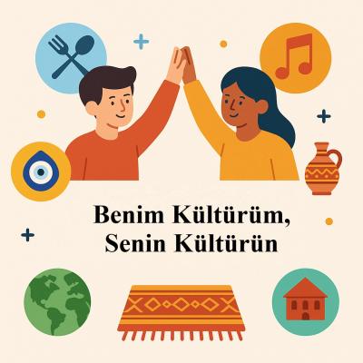 İki öğrenci beşlik yaparken, çevresinde kültürel simgelerin yer aldığı, “Benim Kültürüm, Senin Kültürün” başlıklı kültürel değişim projesini tanıtan dijital çizim.
