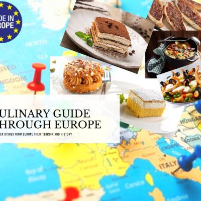The image represents the cover of the guide, the title is "Culinary Guide through Europe", subtitle "discover dishes from Europe their terroir and History" and it's decorated with images of food specialties from all over Europe