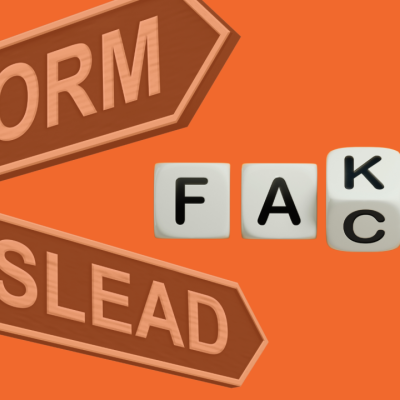 Crossroad sign leading either to "Inform" or "Mislead" with dices spelling the words fake and fact