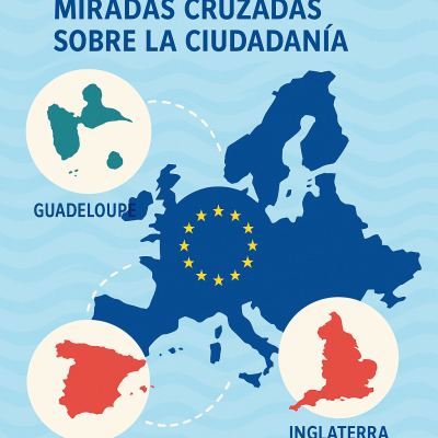 Affiche illustrant le projet eTwinning Mi isla, mi Europa : carte stylisée de l’Europe avec la Guadeloupe, l’Espagne et l’Angleterre reliées par des lignes pointillées, sur fond bleu avec le drapeau européen au centre.