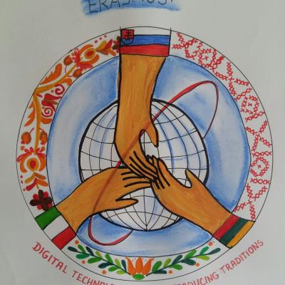 Hands of the three schools meeting on the globe surrounded by the traditional patterns represent the participiants´ countries, that stick together. 